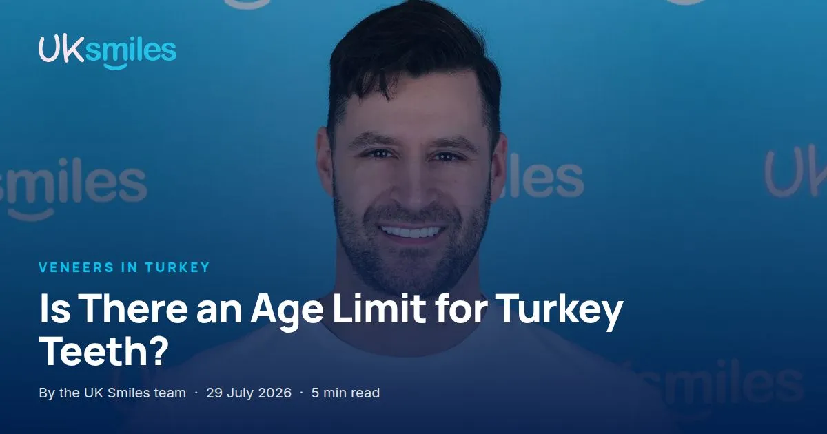 Age limit for turkey teeth: article banner with the guide title over a UK Smiles patient smile in Antalya