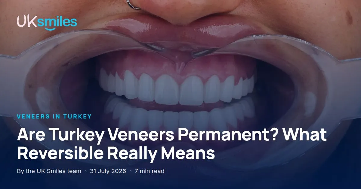 Are Turkey veneers permanent: article banner with the guide title over a new smile result at UK Smiles in Antalya