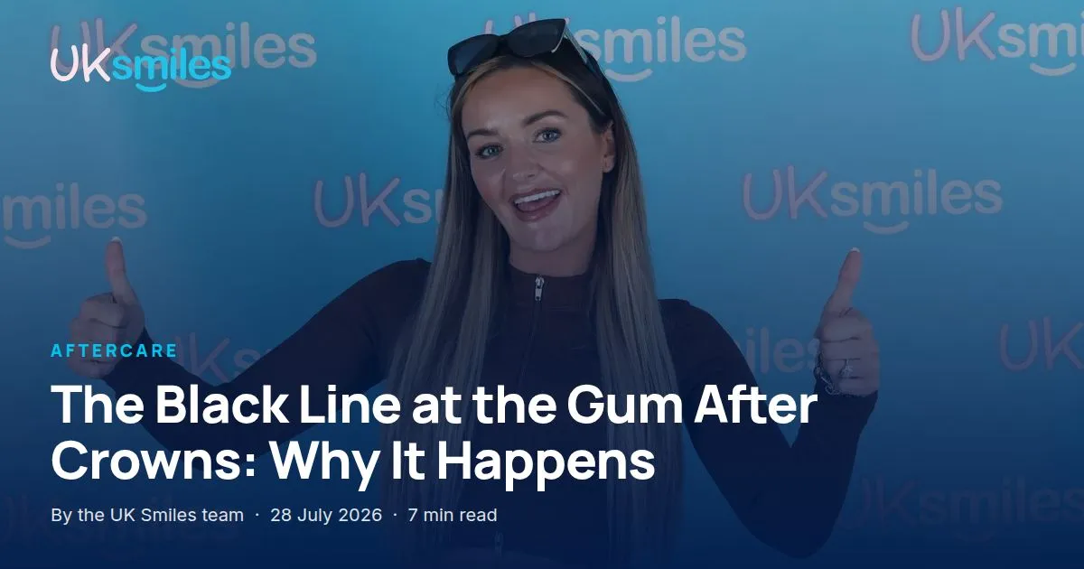 Black line at the gum after crowns: article banner with the guide title over a close-up smile at UK Smiles
