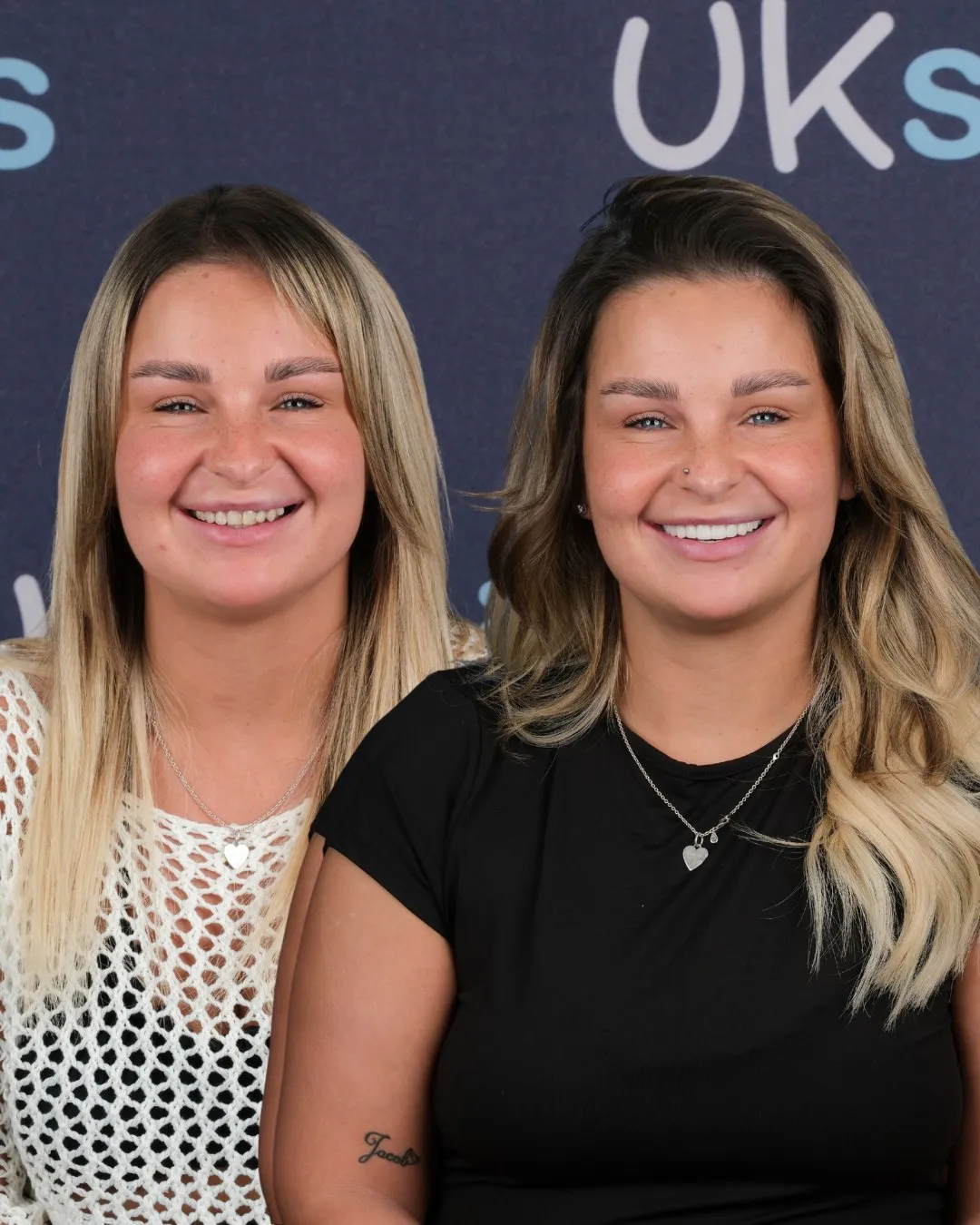 Woman with long highlighted hair before and after her new smile