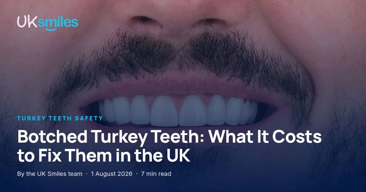 Botched turkey teeth: article banner with the guide title over a smile result at UK Smiles in Antalya