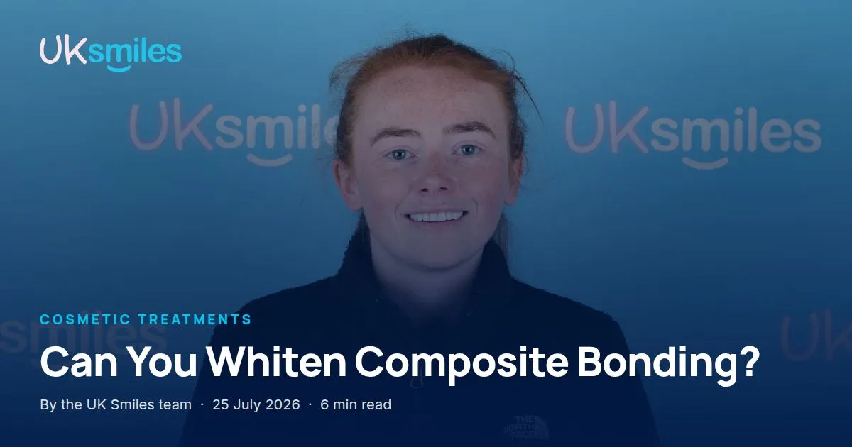 Whitening composite bonding: article banner with the guide title over a veneers result at UK Smiles