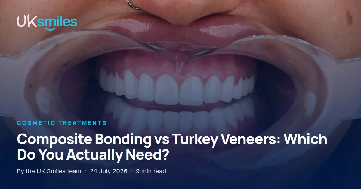 Composite bonding vs veneers: article banner with the guide title over a smile makeover result at UK Smiles