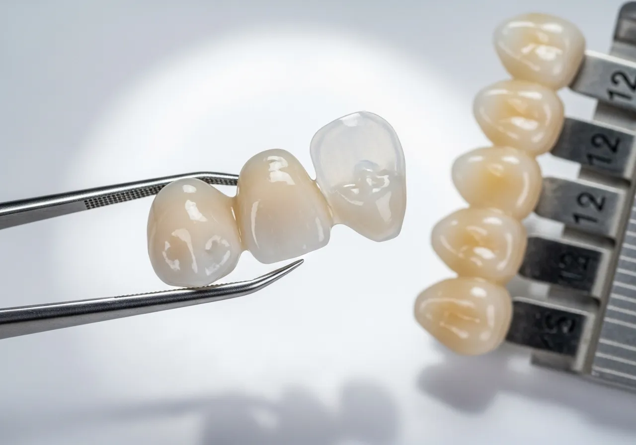White ceramic dental crowns and a thin porcelain veneer shell next to a tooth shade guide