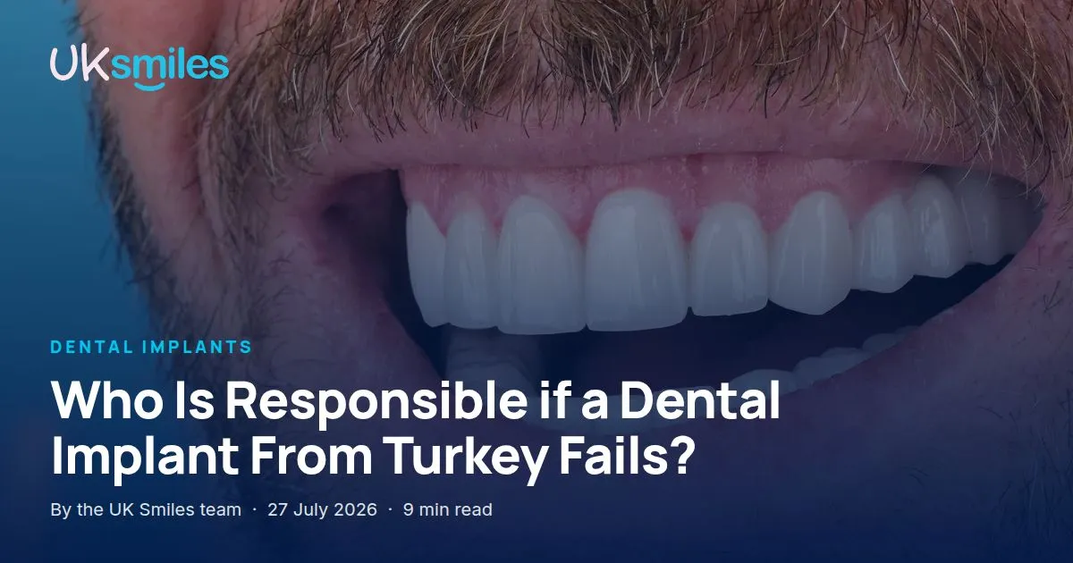 Dental implant failure responsibility: article banner with the guide title over the UK Smiles treatment room in Antalya