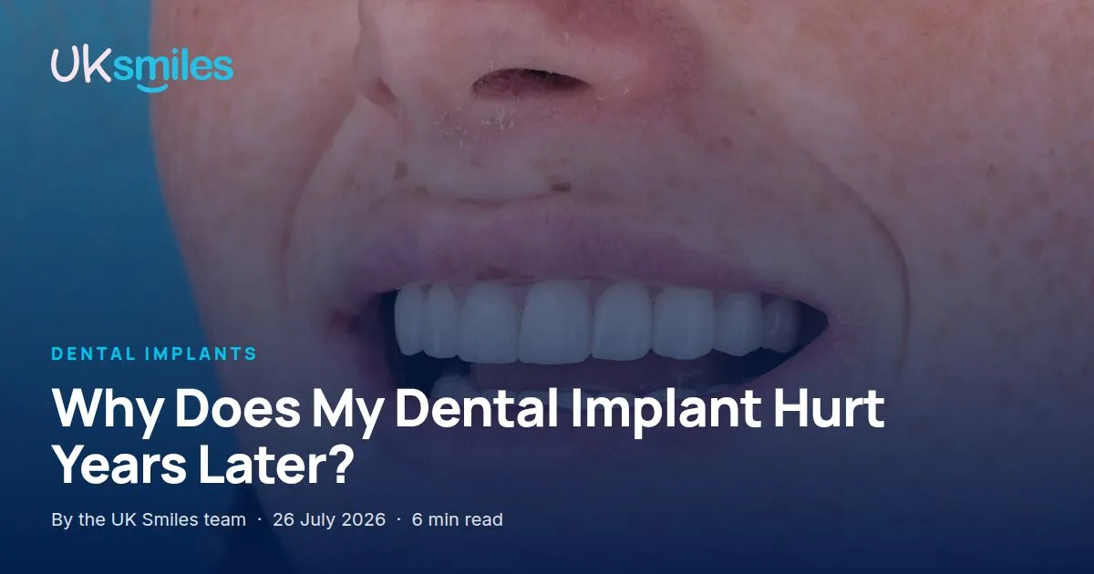 Dental implant hurts years later: article banner with the guide title over a UK Smiles implant patient result in Antalya