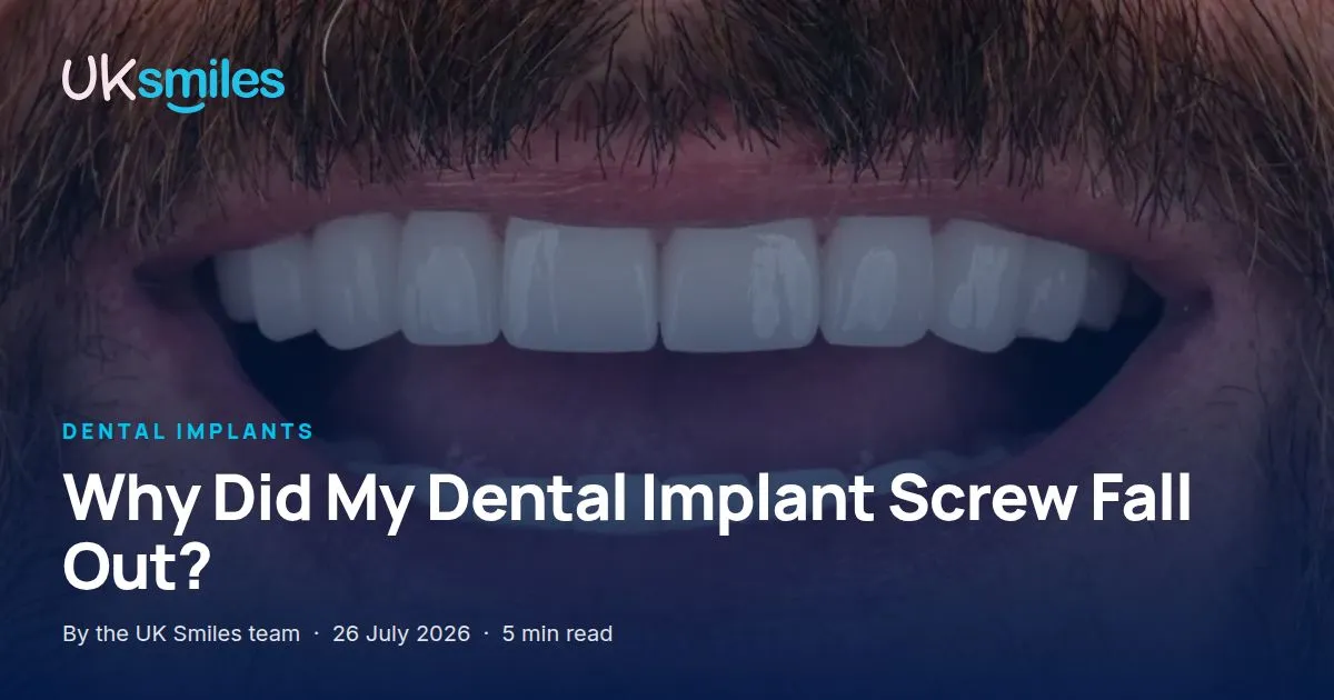 Dental implant screw fell out: article banner with the guide title over the UK Smiles implant clinic in Antalya