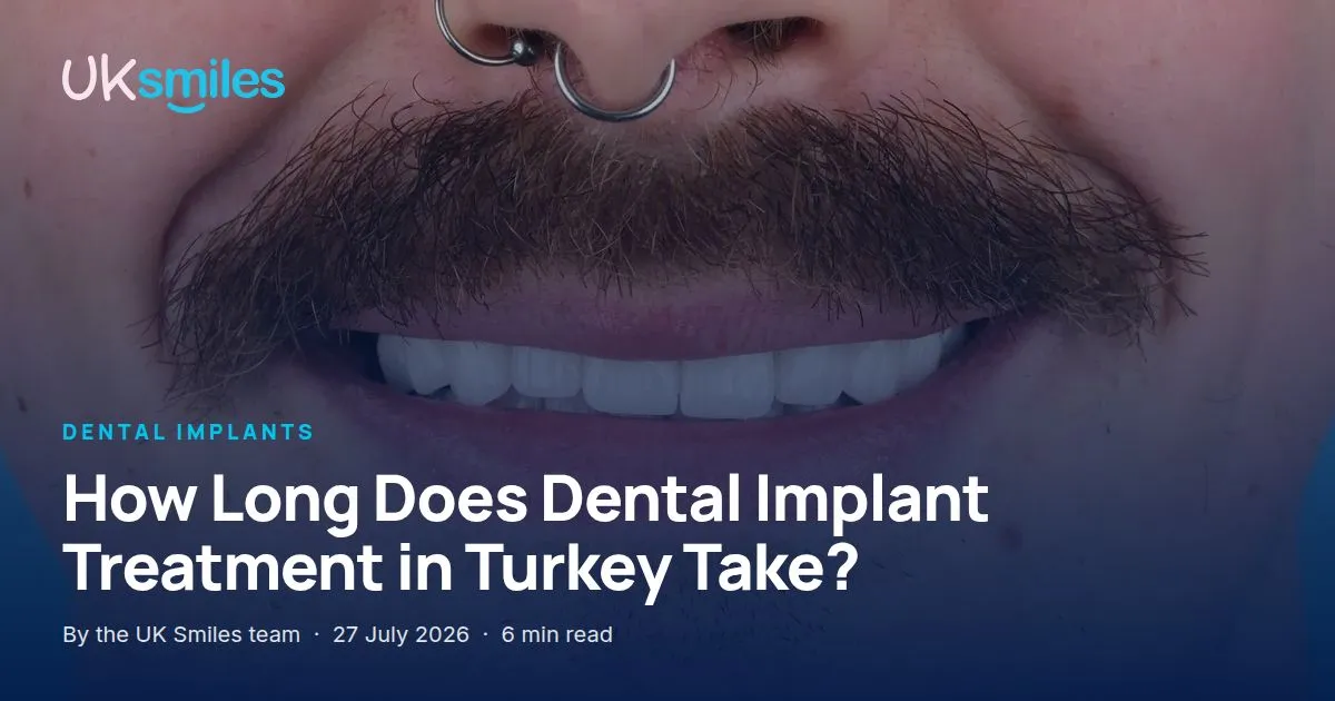 Dental implant treatment time in Turkey: article banner with the guide title over the UK Smiles implant treatment room in Antalya