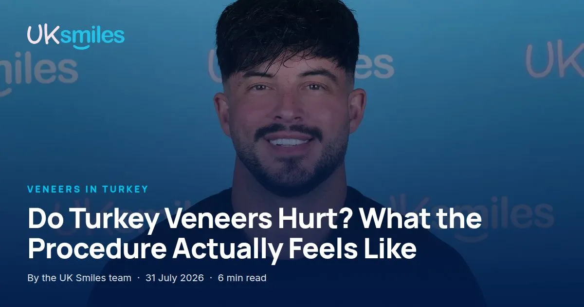 Do Turkey veneers hurt: article banner with the guide title over a relaxed UK Smiles patient in Antalya