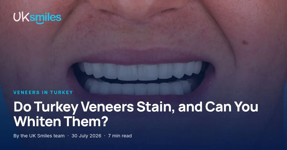 Do Turkey veneers stain: article banner with the guide title over a bright veneer smile result at UK Smiles
