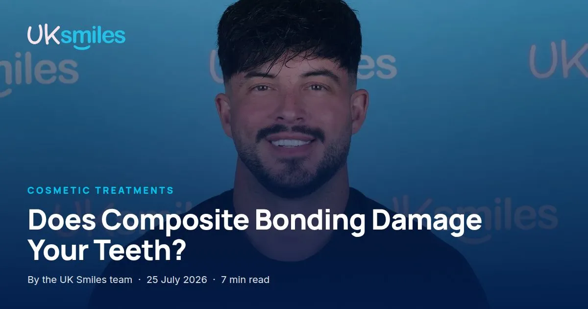 Does composite bonding damage teeth: article banner with the guide title over a patient smile at UK Smiles