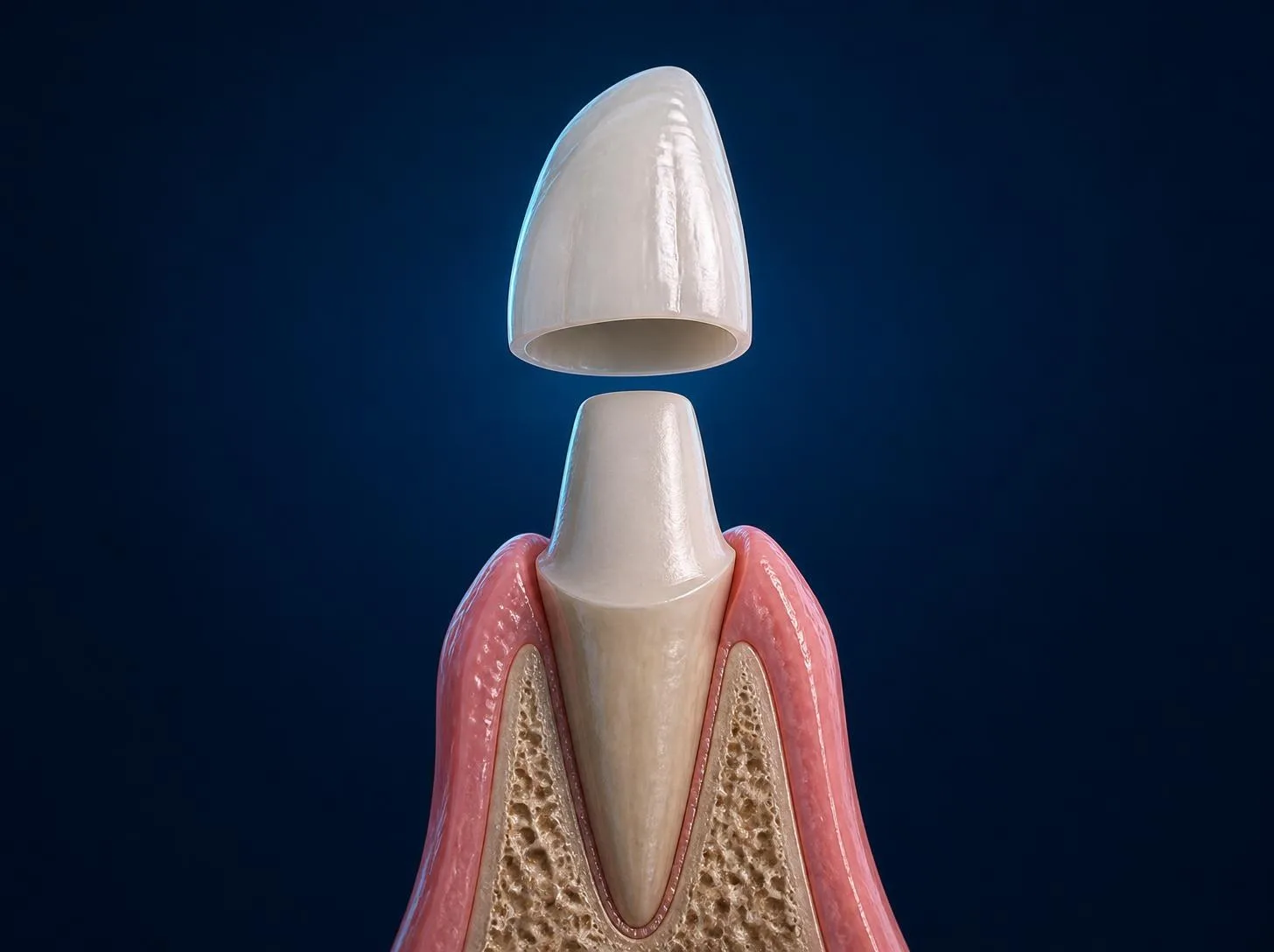 3D illustration of an Emax crown being placed over a shaped front tooth