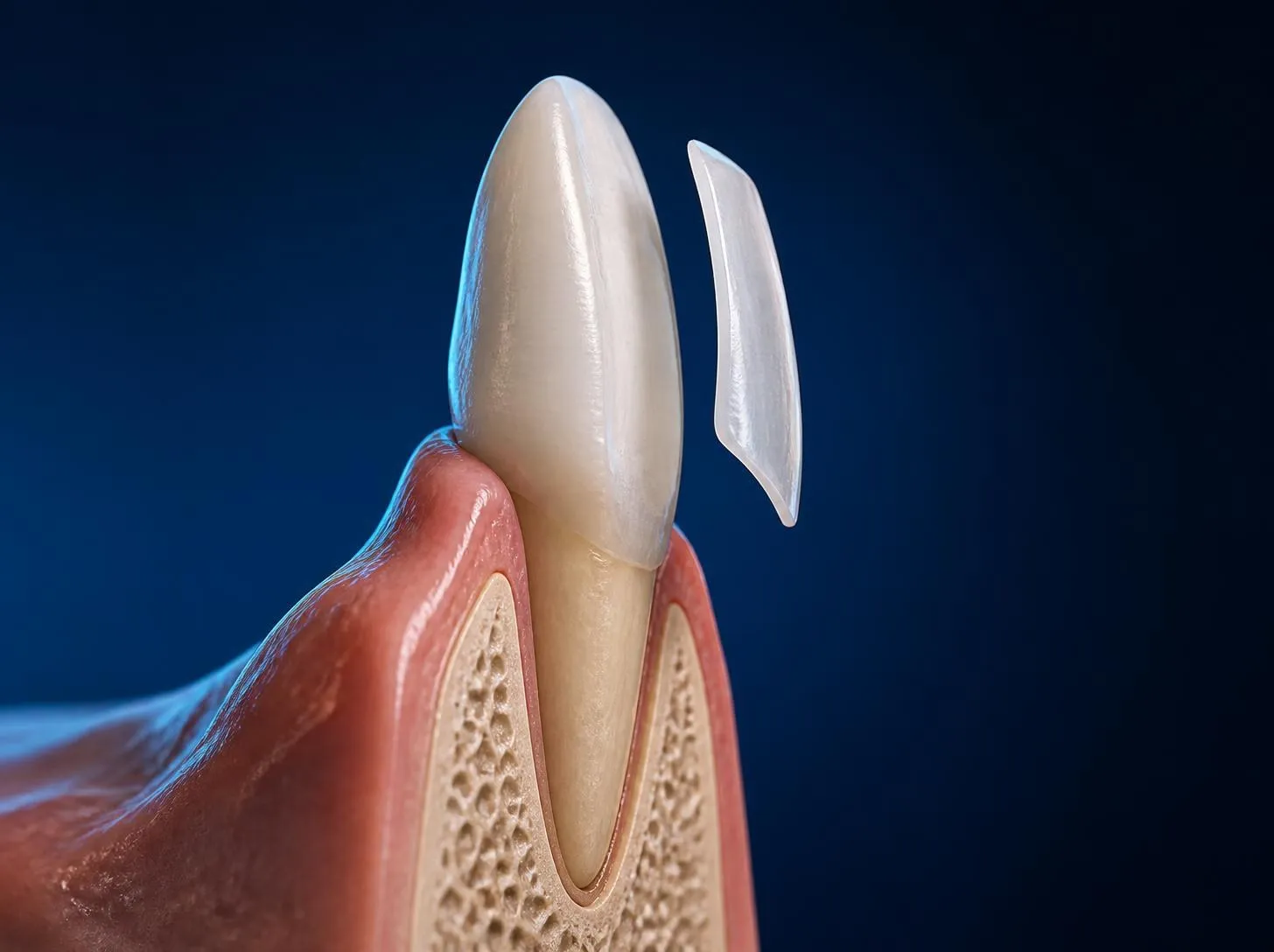 3D illustration of a thin porcelain veneer being fitted to the front of a tooth