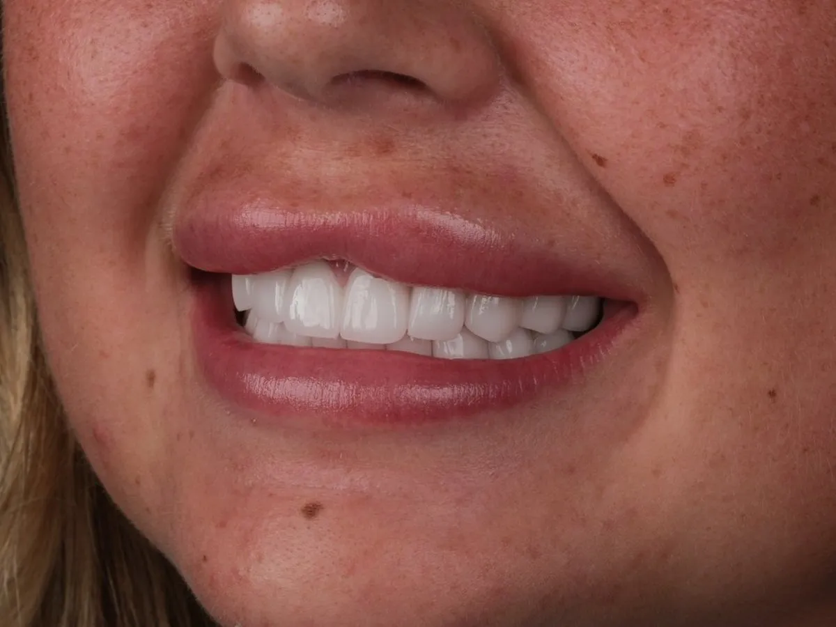 Close-up of a UK Smiles patient smiling with her new Emax laminate veneers