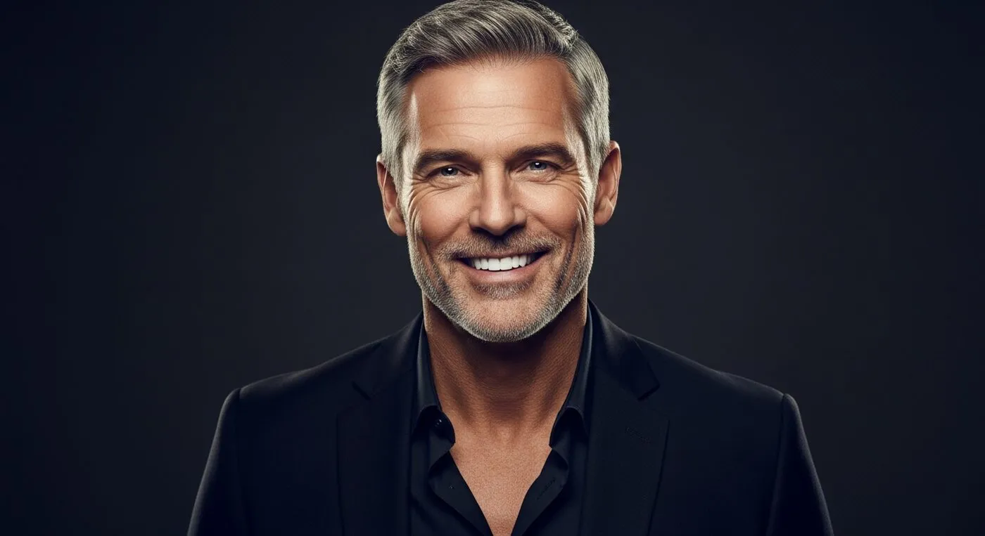 A confident man in his fifties with a bright, natural-looking white smile