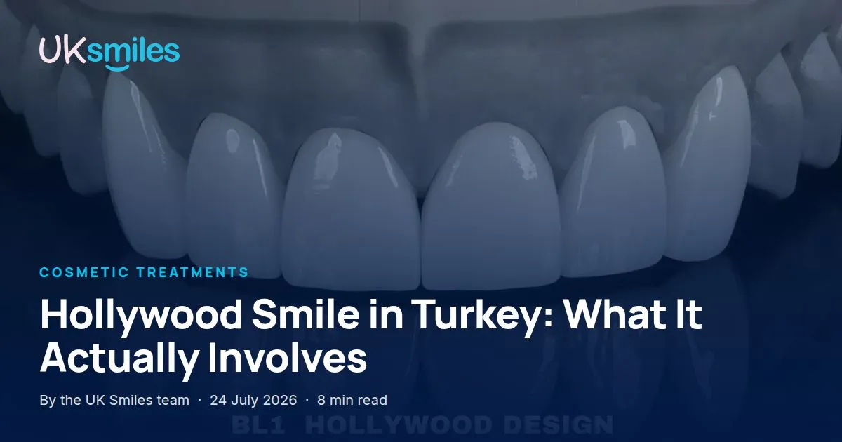 Hollywood smile in Turkey: article banner with the guide title over a full smile makeover result at UK Smiles