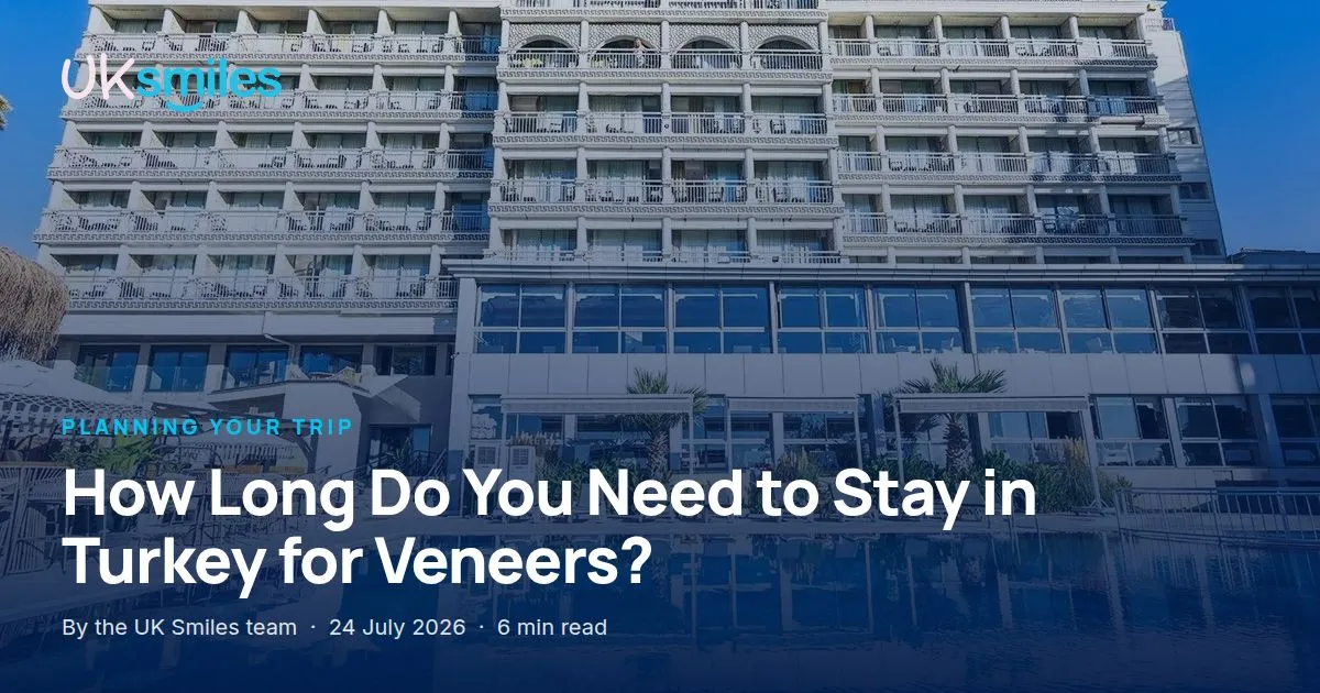 How long to stay in Turkey for veneers: article banner with the guide title over a dental holiday hotel in Antalya at UK Smiles