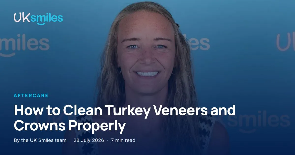 How to clean Turkey veneers and crowns: article banner with the guide title over a bright veneer smile at UK Smiles