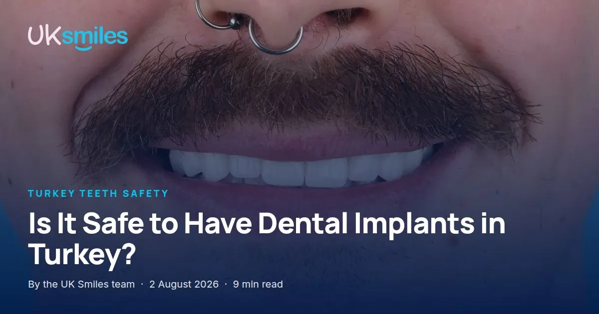 Dental implants in Turkey: article banner with the guide title over the UK Smiles implant suite in Antalya