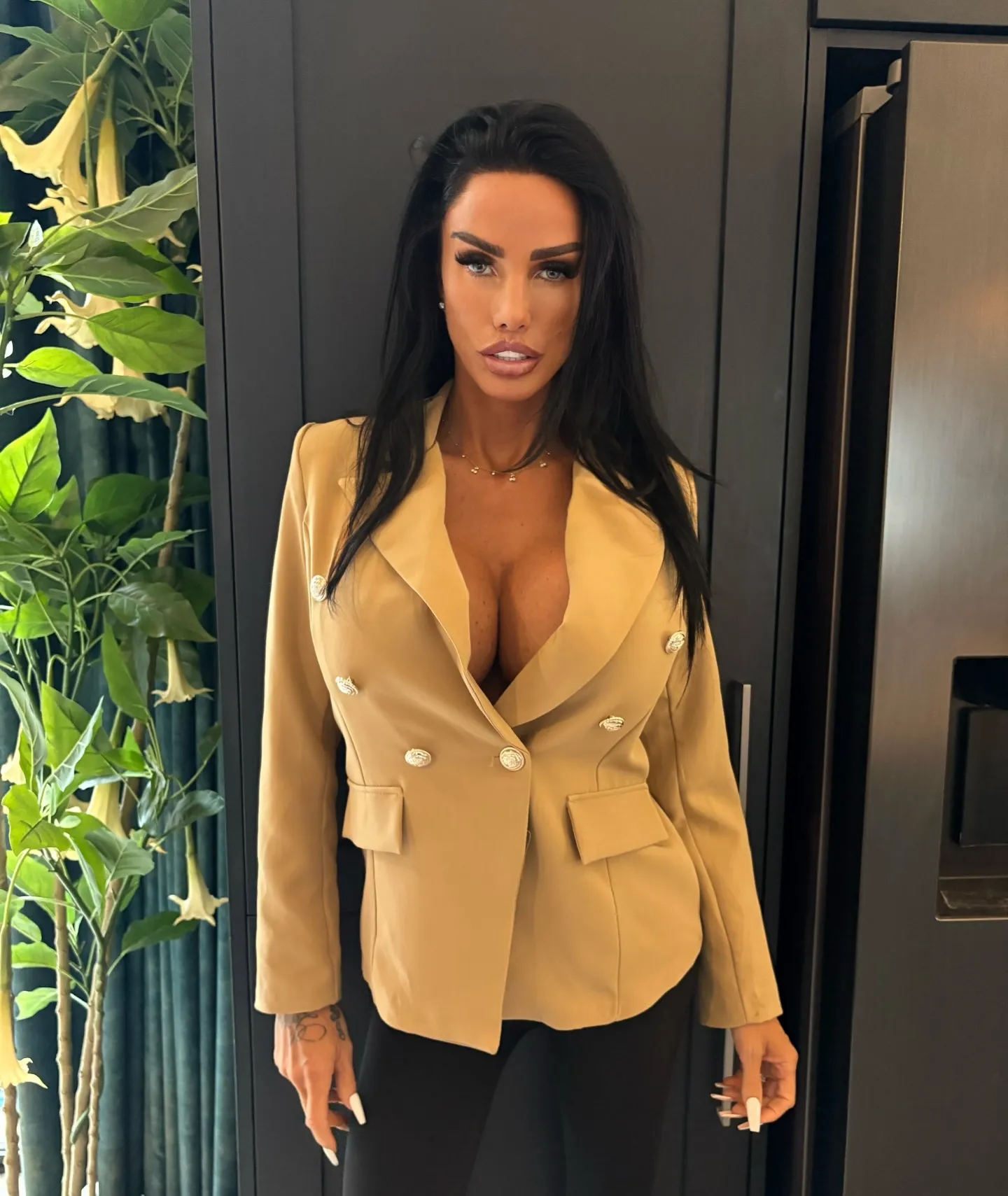 Katie Price in a beige blazer, showing her current cosmetic look