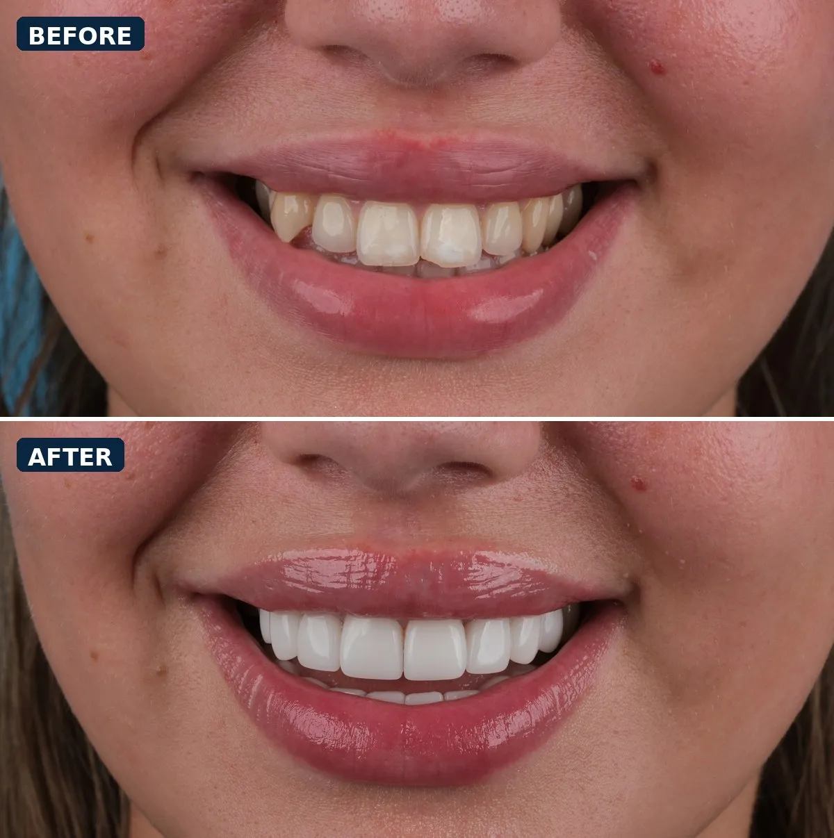 Close-up of Kelsey's teeth before and after Emax Laminate Veneers