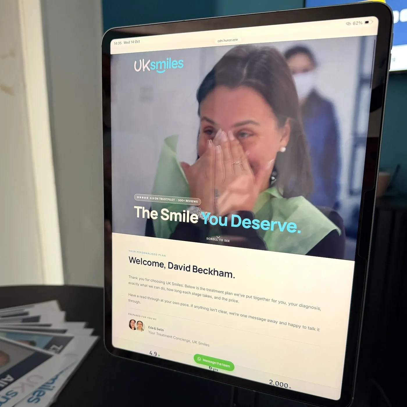 A demo treatment plan on the iPad in the UK Smiles Leeds office, made out to David Beckham as a joke