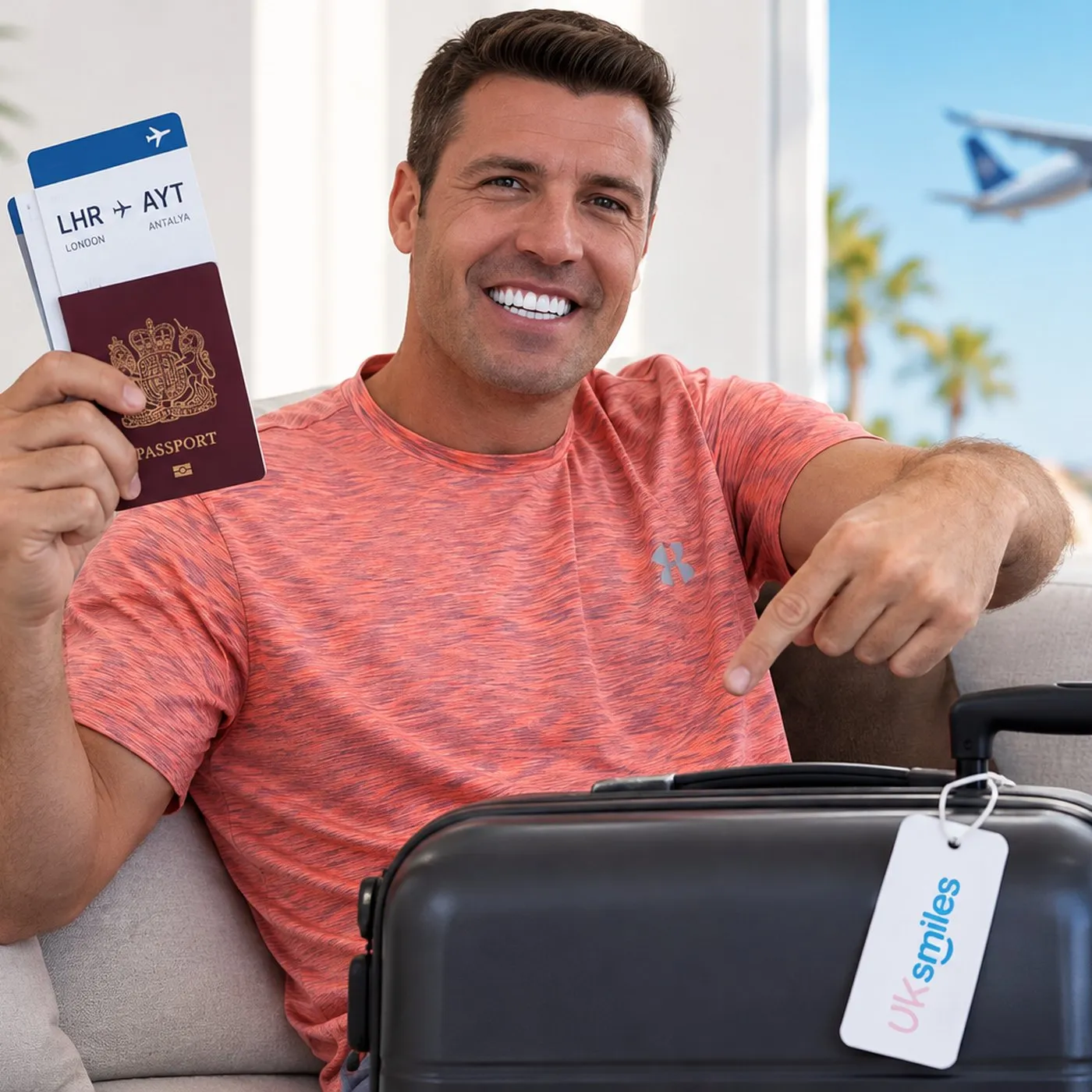 Smiling UK Smiles patient holding his passport and boarding pass, pointing at his UK Smiles luggage tag