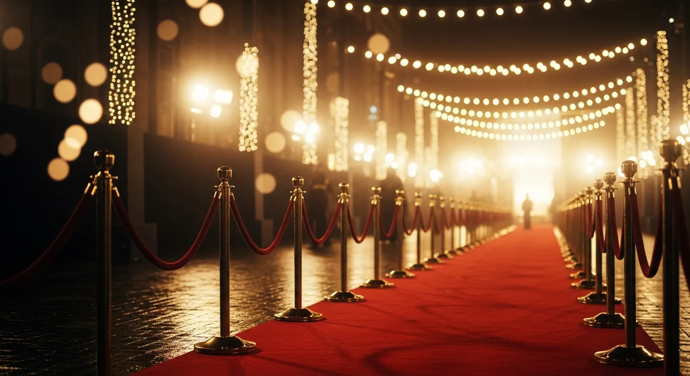 Atmospheric cinematic red carpet premiere scene at night with golden lights