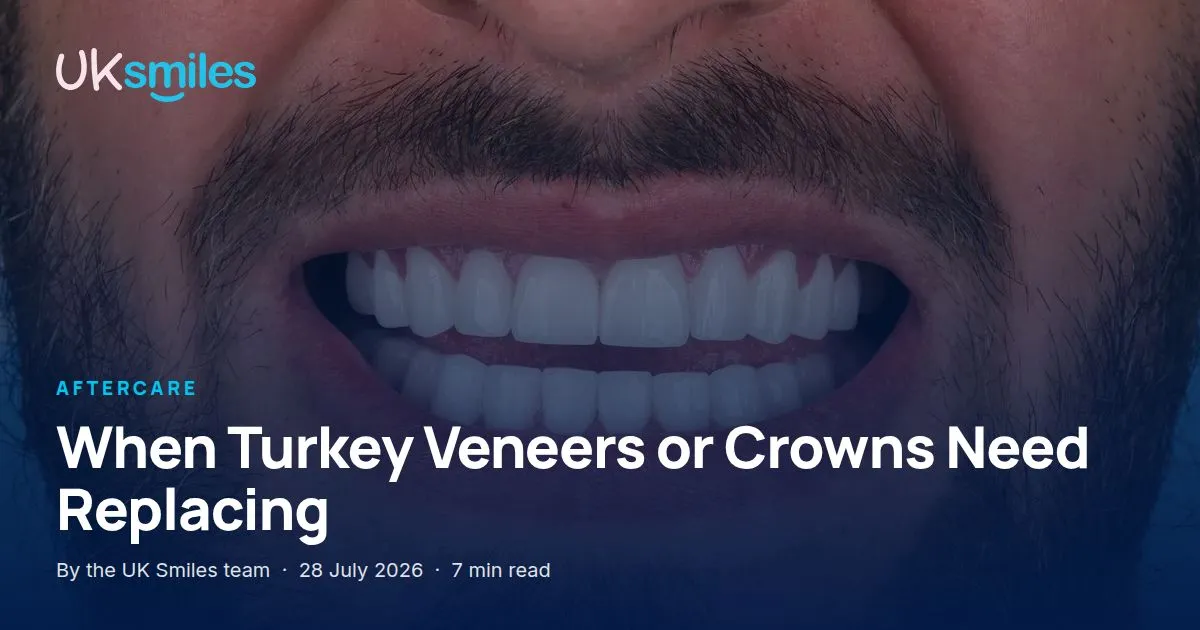 Replacing Turkey veneers or crowns: article banner with the guide title over a smile transformation at UK Smiles