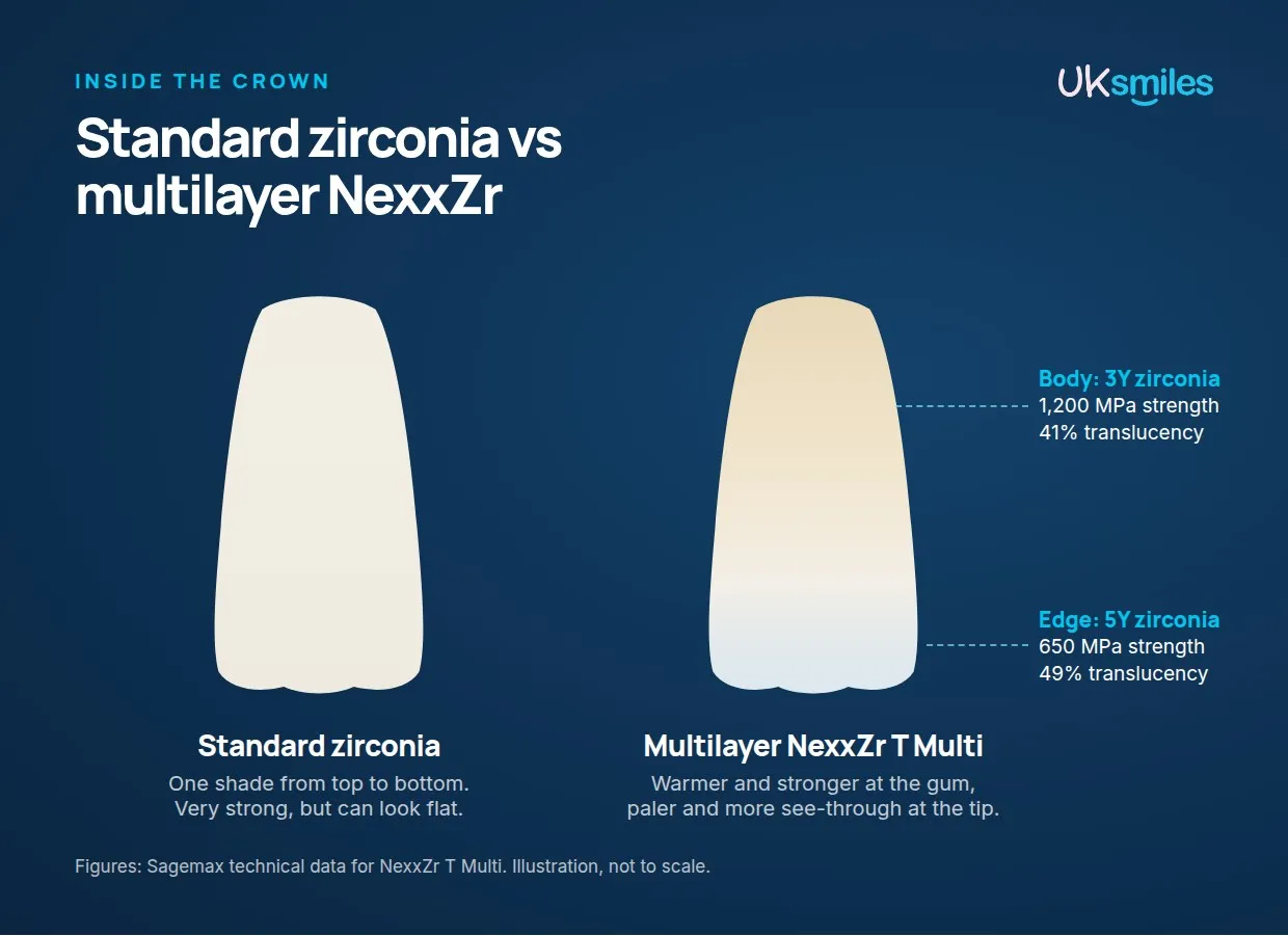 Illustration comparing a standard single-shade zirconia crown with a multilayer Sagemax NexxZr T Multi crown, which has a 3Y body at 1,200 MPa and a more translucent 5Y edge at 650 MPa