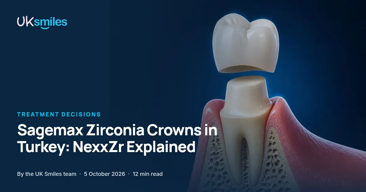 Sagemax zirconia crowns in Turkey: article banner with the guide title beside an illustration of a zirconia crown fitting over a prepared tooth