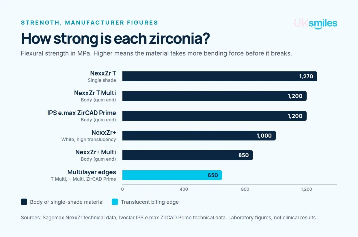 Bar chart of zirconia flexural strength from manufacturer data: NexxZr T 1,270 MPa, NexxZr T Multi and IPS e.max ZirCAD Prime bodies 1,200 MPa, NexxZr+ 1,000 MPa, NexxZr+ Multi body 850 MPa and multilayer edges 650 MPa