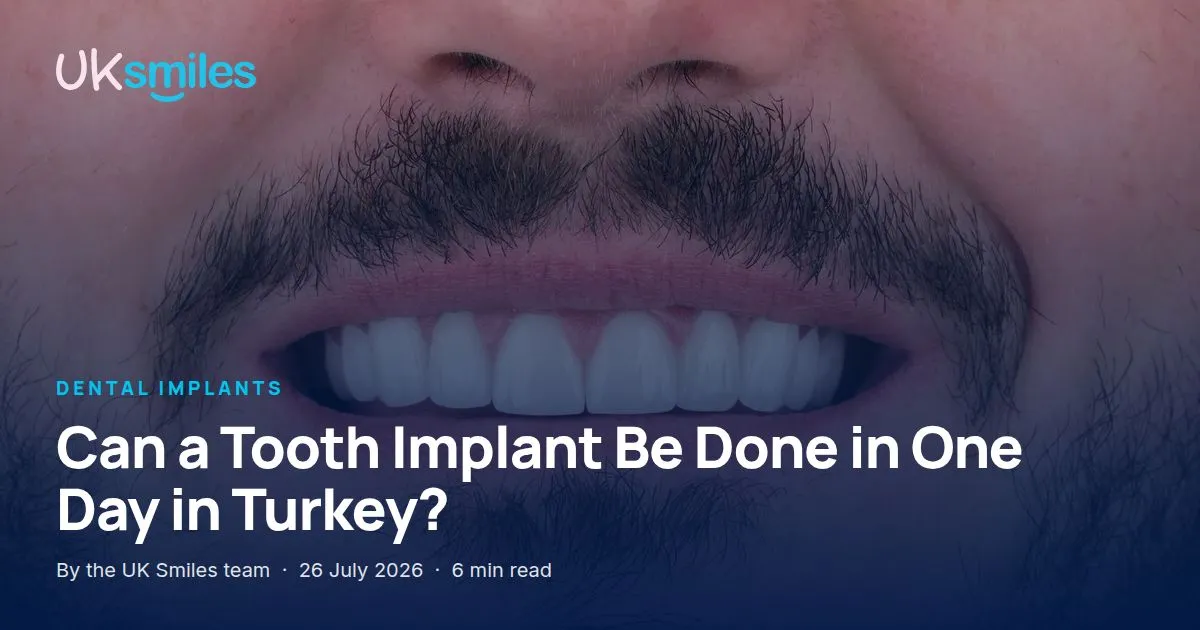 Same-day tooth implant in Turkey: article banner with the guide title over the UK Smiles implant clinic in Antalya