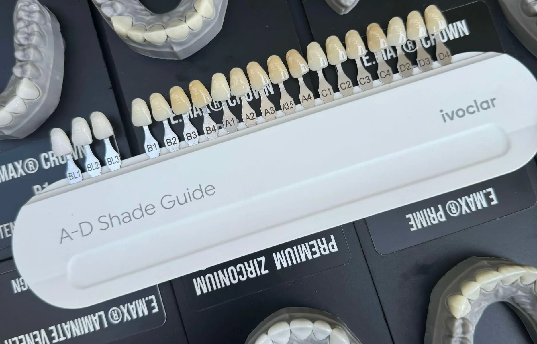 A dentist’s shade guide with tooth samples for matching colour