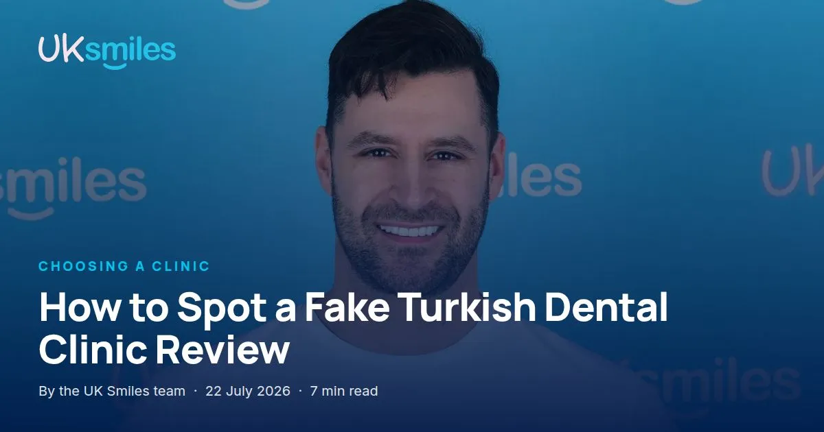 Fake dental clinic reviews: article banner with the guide title over a patient at UK Smiles in Antalya