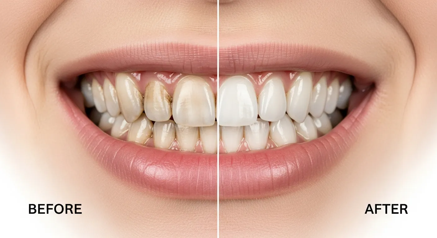 Split close-up of a smile showing dull, worn teeth on the left and bright, even teeth on the right