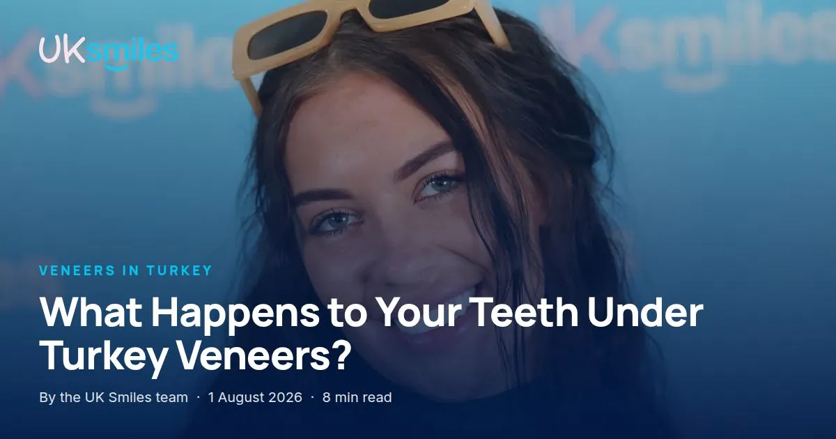 Teeth under Turkey veneers: article banner with the guide title over a veneers result at UK Smiles in Antalya