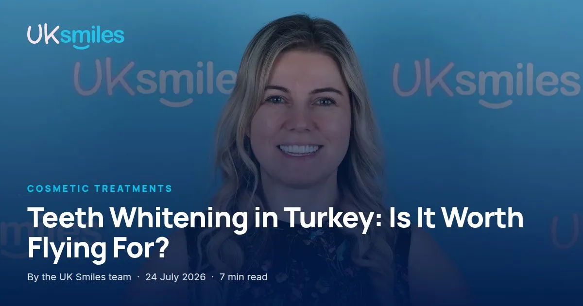Teeth whitening in Turkey: article banner with the guide title over a bright natural smile at UK Smiles