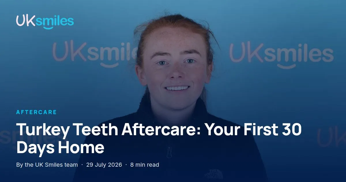 Turkey teeth aftercare: article banner with the guide title over a patient recovering after treatment at UK Smiles