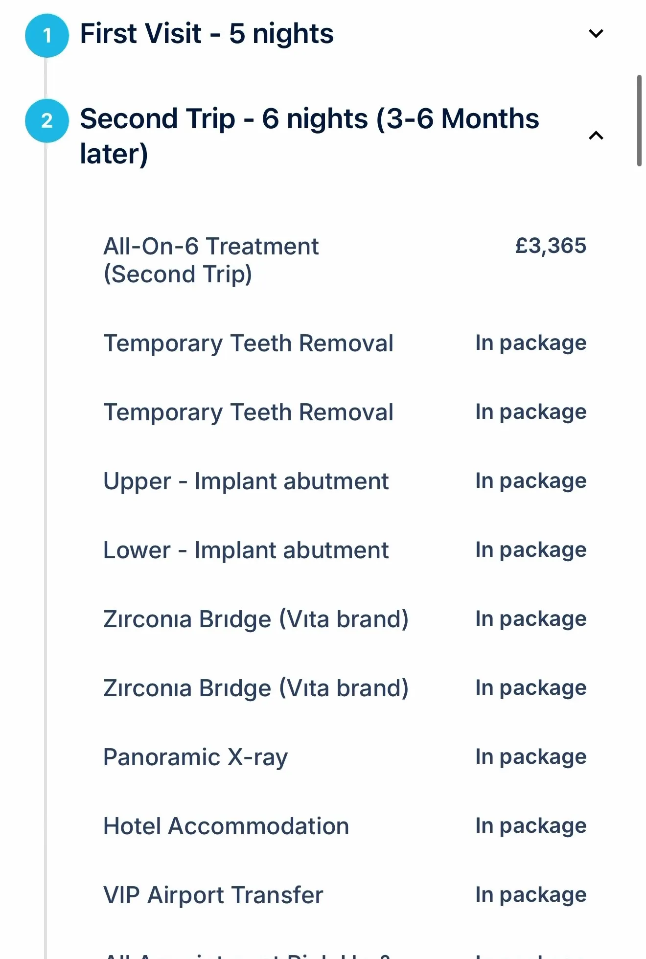 A real UK Smiles All-on-6 quote, second trip: temporary teeth removal, implant abutments, Vita zirconia bridges, X-ray, hotel and VIP transfers, all listed as in the package
