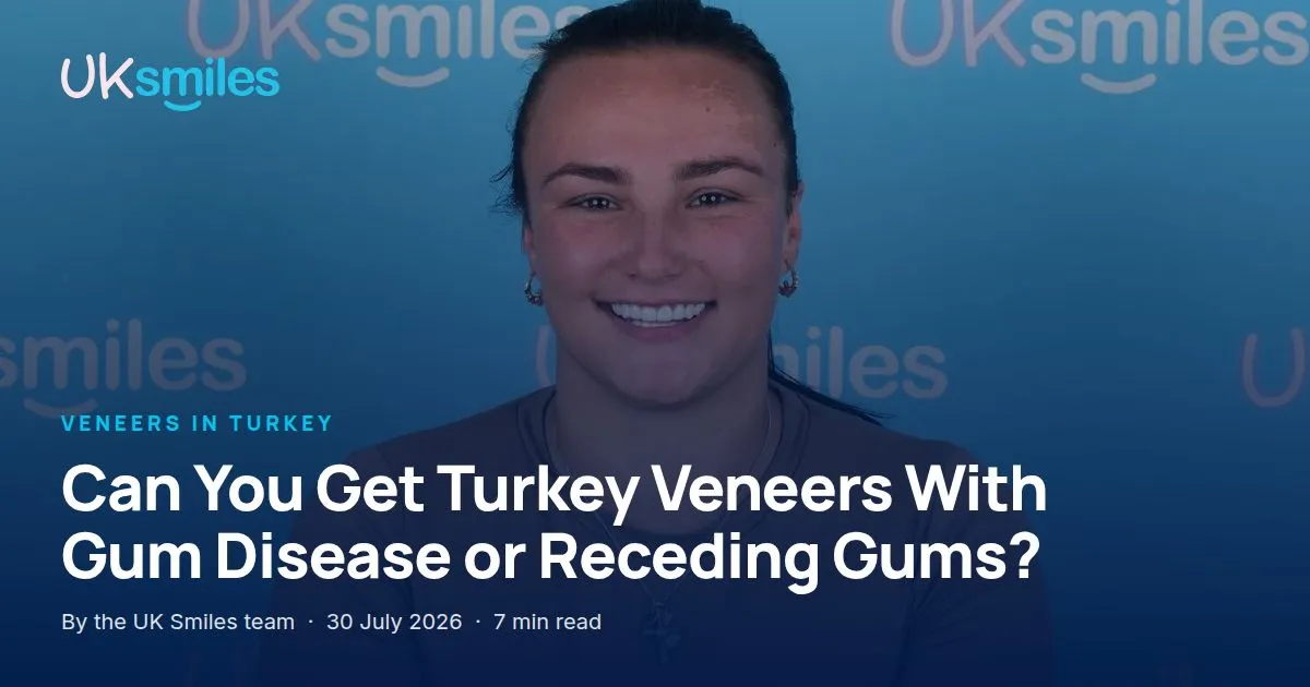 Turkey veneers with gum disease: article banner with the guide title over the UK Smiles gum health assessment room in Antalya
