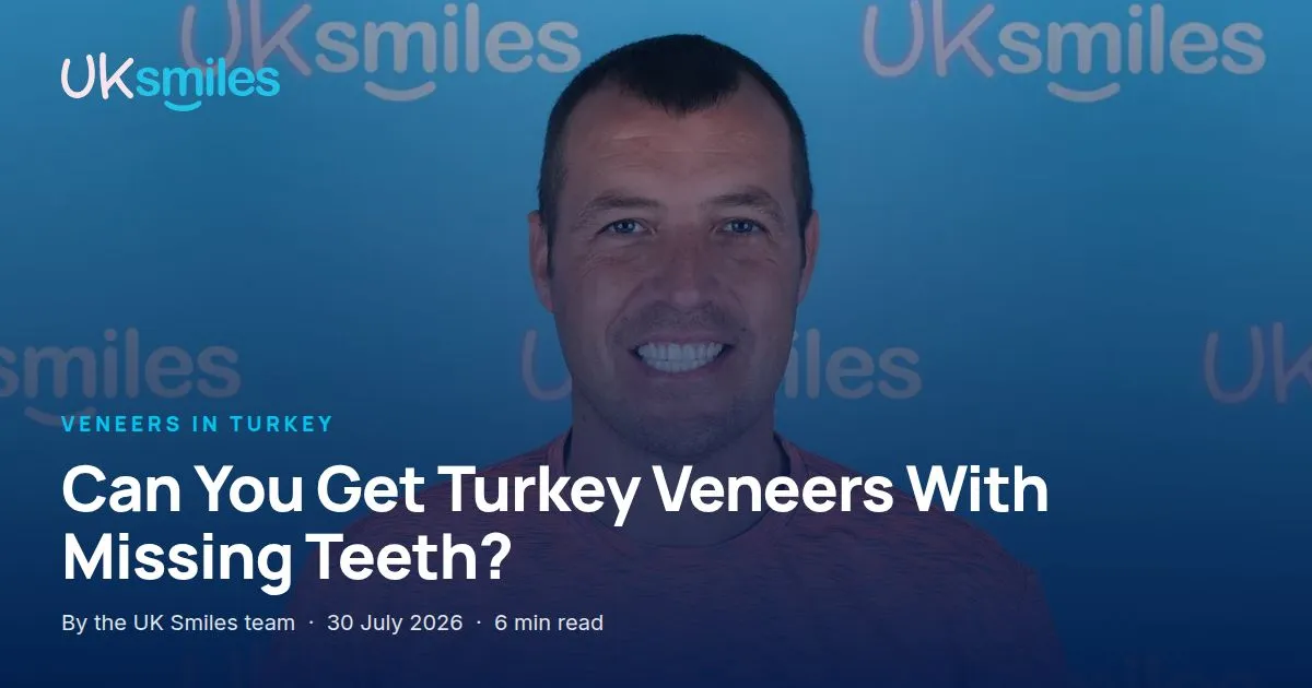Turkey veneers with missing teeth: article banner with the guide title over the UK Smiles implant and veneer planning room in Antalya