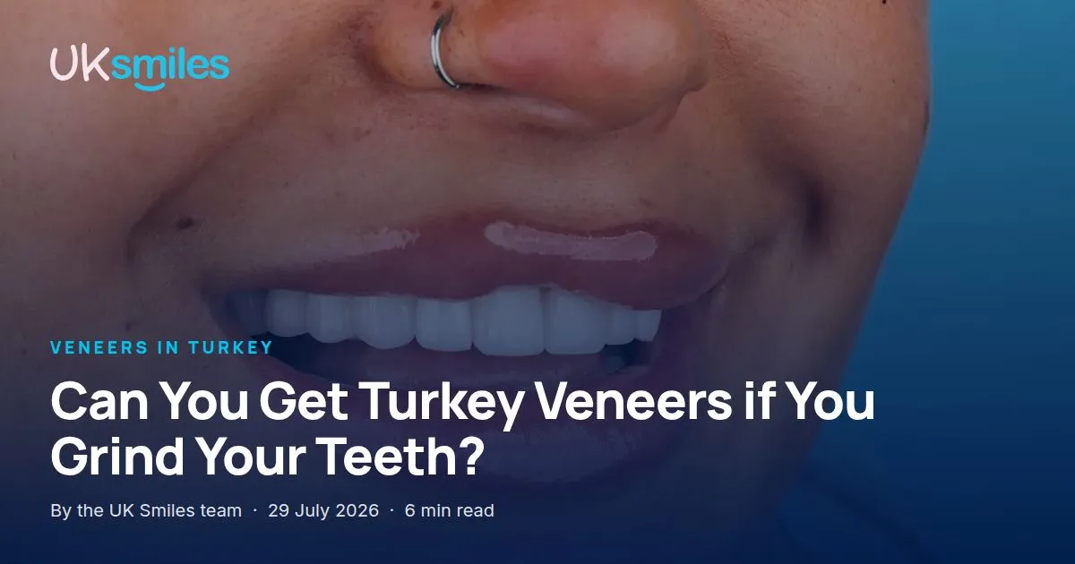 Turkey veneers and teeth grinding: article banner with the guide title over a UK Smiles patient smile in Antalya