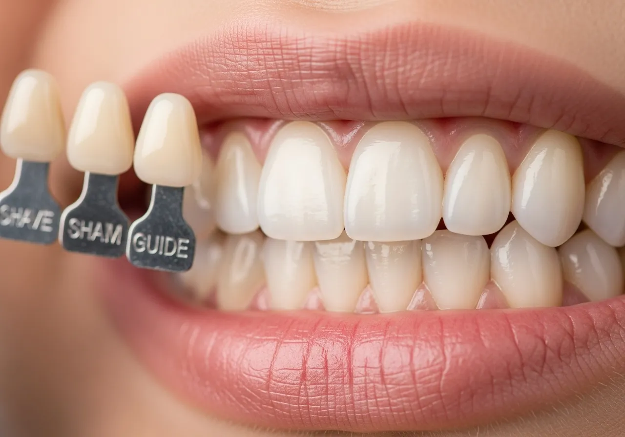 A dental porcelain veneer shade guide held next to bright natural white teeth