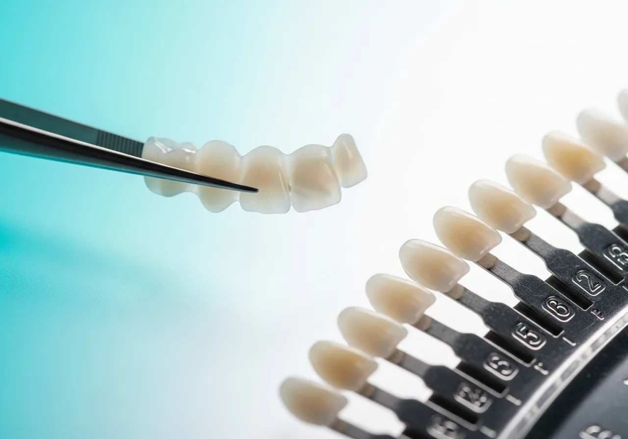 Thin porcelain veneer shells held with dental tweezers next to a tooth shade guide