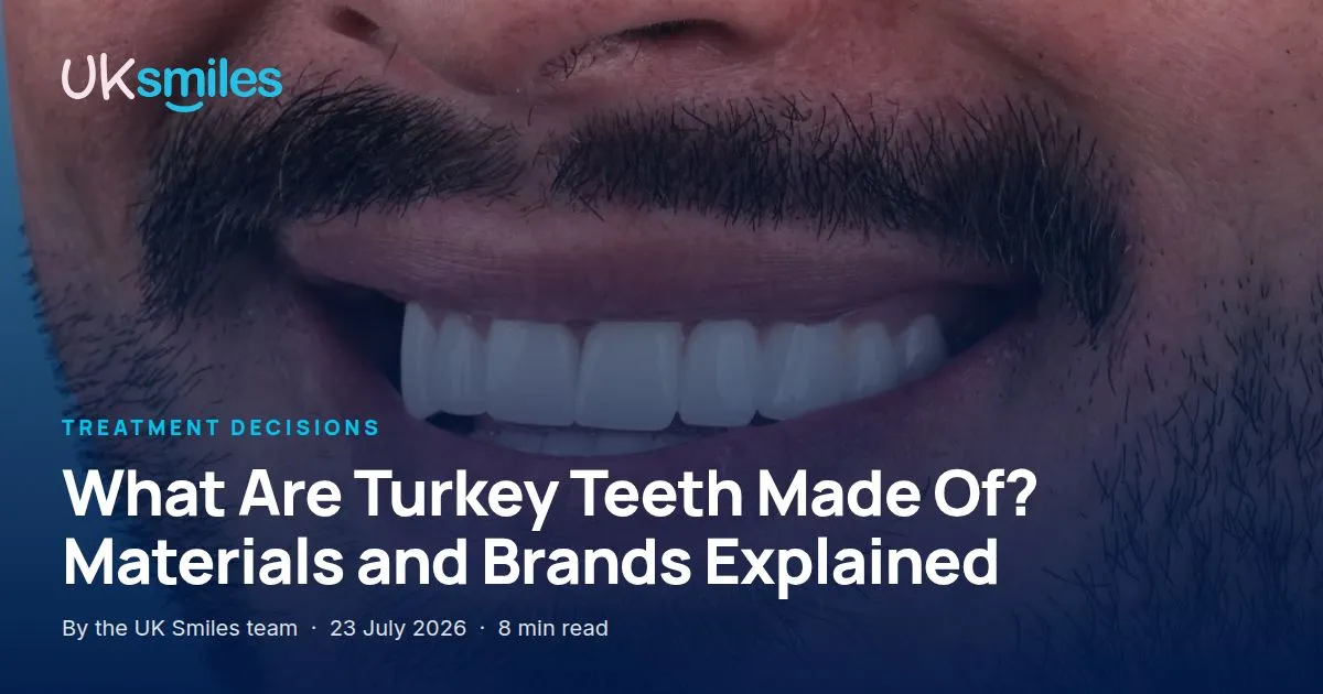 Turkey teeth materials: article banner with the guide title over the UK Smiles smile design studio in Antalya