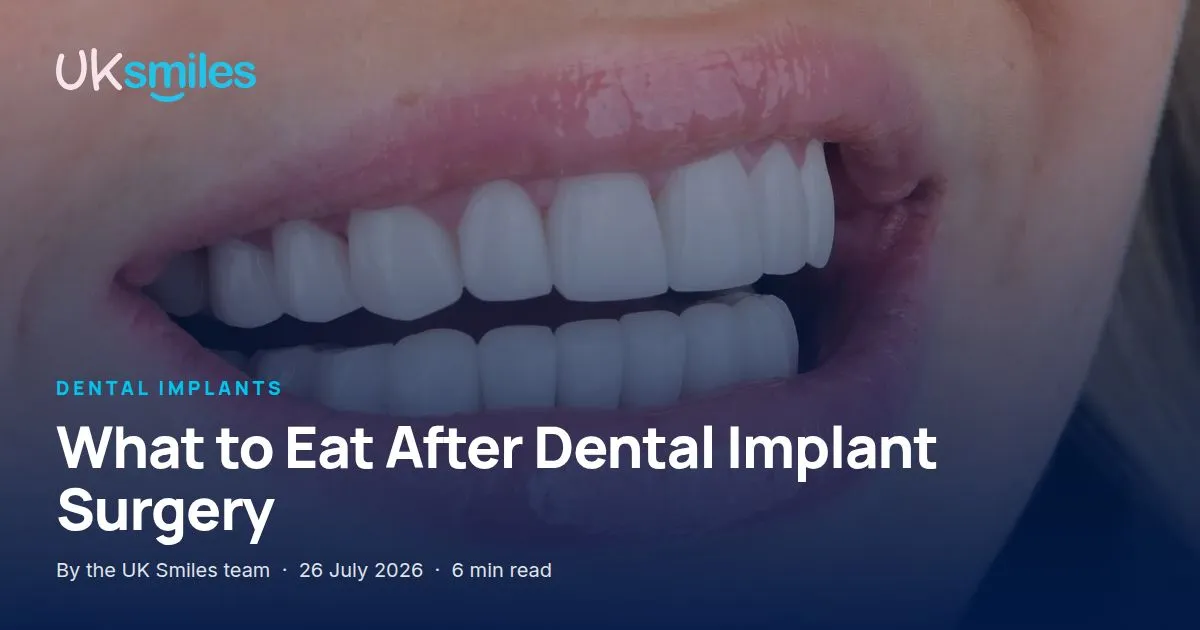 What to eat after dental implant surgery: article banner with the guide title over a UK Smiles patient smile transformation in Antalya