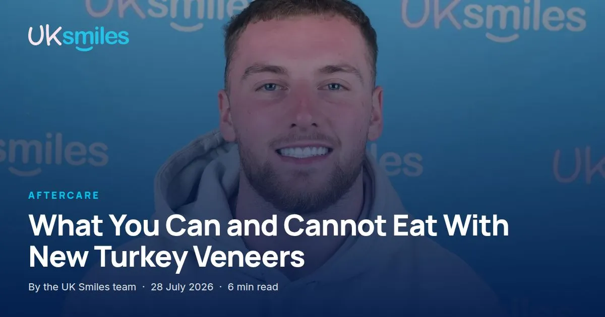 What to eat with new veneers: article banner with the guide title over a fresh veneer smile at UK Smiles
