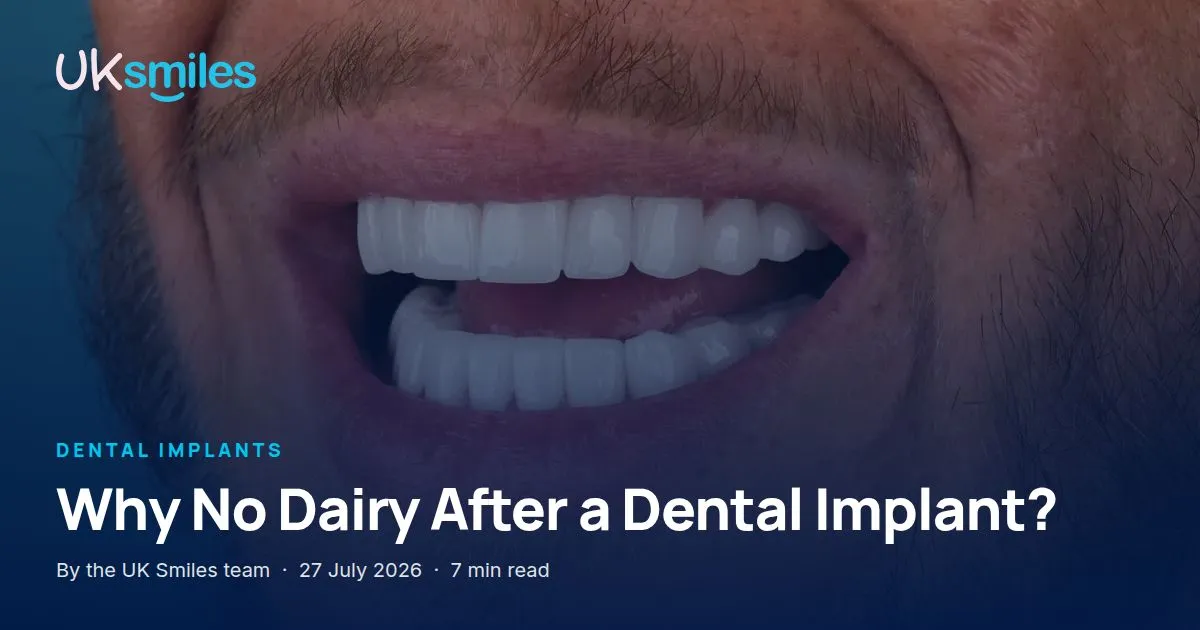 No dairy after a dental implant: article banner with the guide title over the UK Smiles treatment room in Antalya