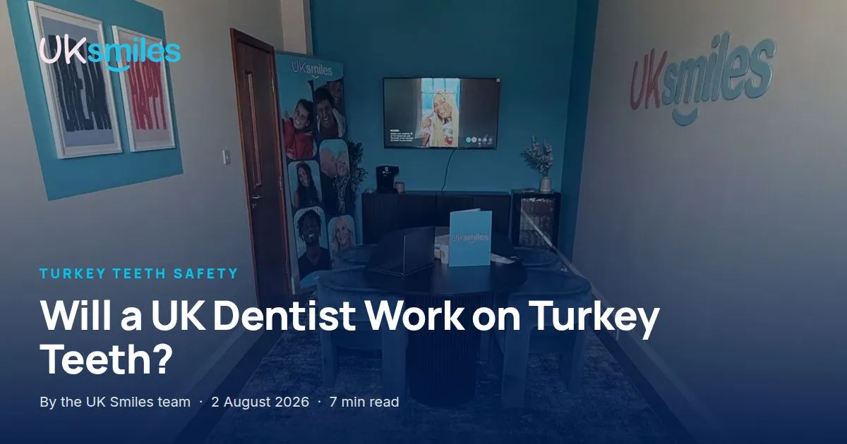 Will a UK dentist work on turkey teeth: article banner with the guide title over a UK consultation room at UK Smiles